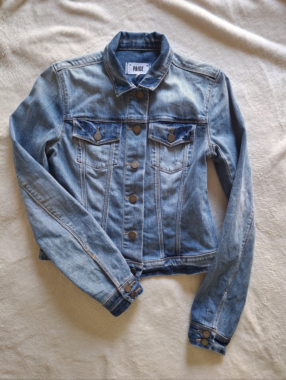 PAIGE Cropped Denim Jacket Blue Ice Wash Size S
